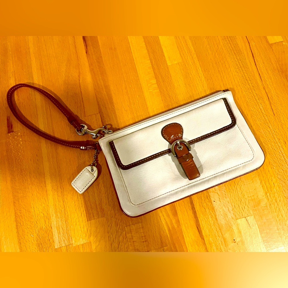 Coach White Leather Wristlet with Brown Leather Accents